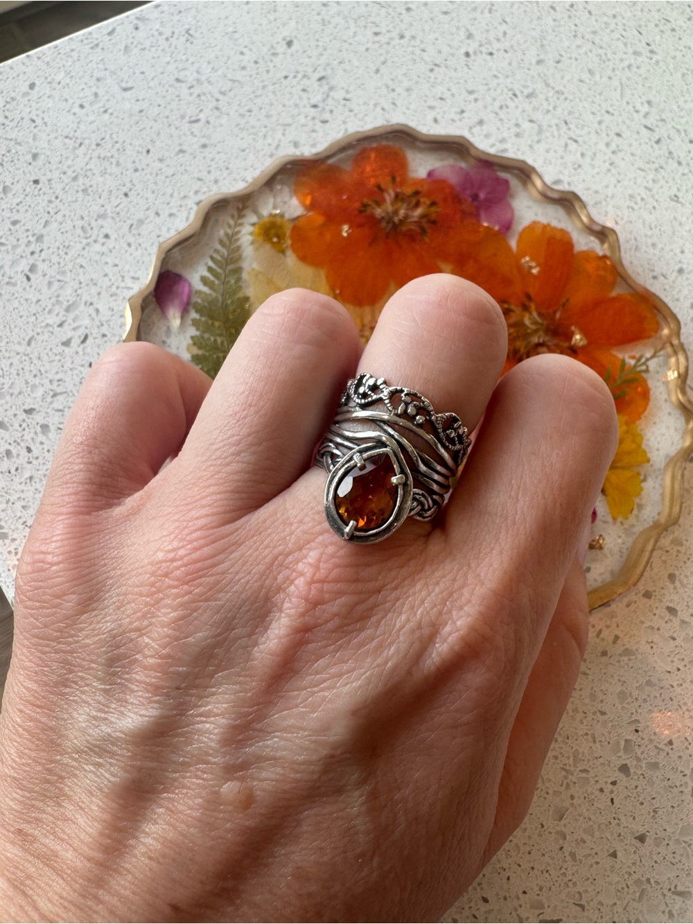 Sterling Silver Ring with Citrine Teardrop Stone - Women Jewelry